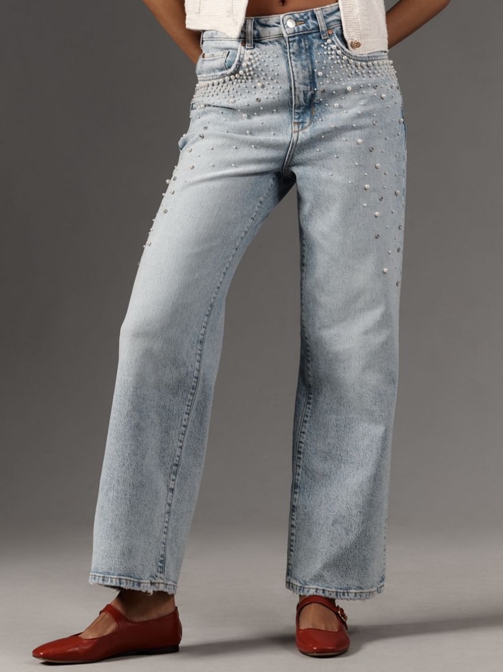 NWT Anthropologie Pearl Embellished Austyn High-Rise Wide-Leg Jeans